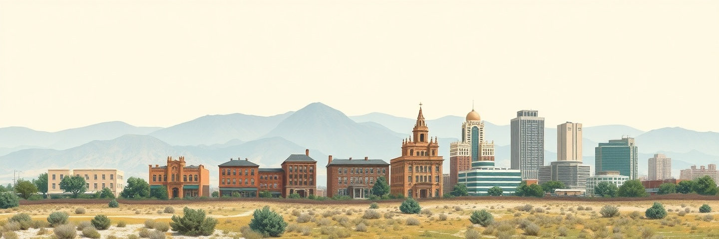 Illustration of American cities side by side, stepping from the low adobe buildings of a desert town on the left to downtown high-rises on the right, against distant blue mountains.