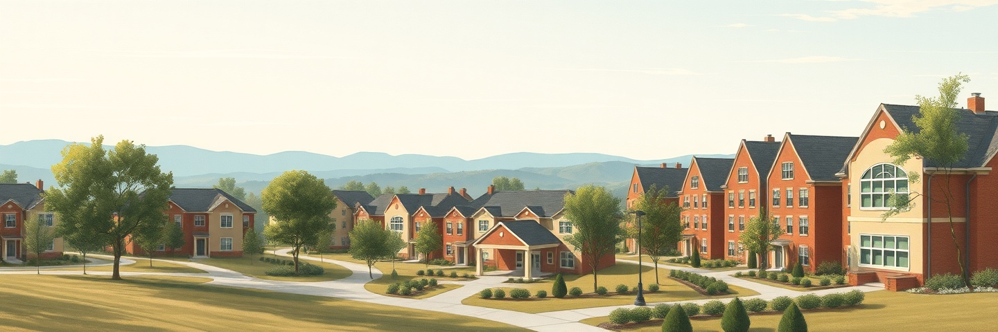 Illustration of a low-rise senior care campus with landscaped paths and distant hills.