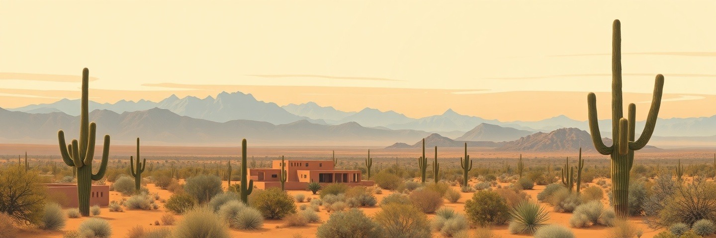 Illustration of the Sonoran desert: saguaro cactus and low scrub in the foreground, a long adobe building in the middle distance, and hazy blue mountain ranges along the horizon.