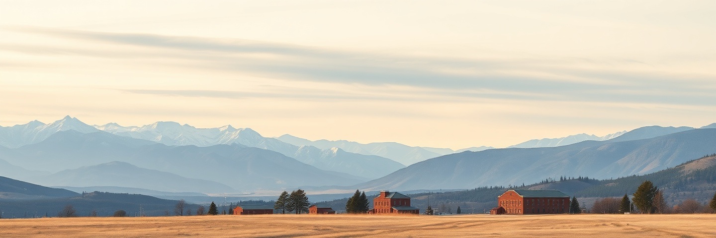 Illustration of the Colorado high plains in low warm light: dry golden grass in the foreground, red brick buildings and dark evergreens at the foot of the hills, and layered blue ranges behind them with snow on the far peaks, under a pale cream sky.