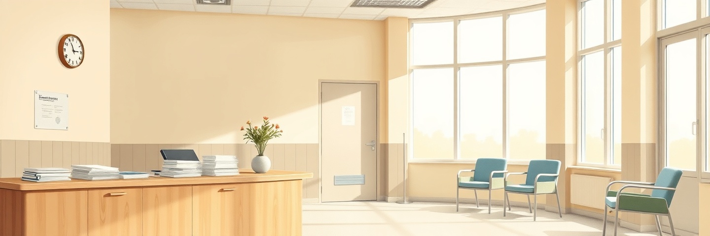 A care home nursing station in morning light: stacked patient charts and a wall clock above an oak counter, with empty visitor chairs by tall windows.